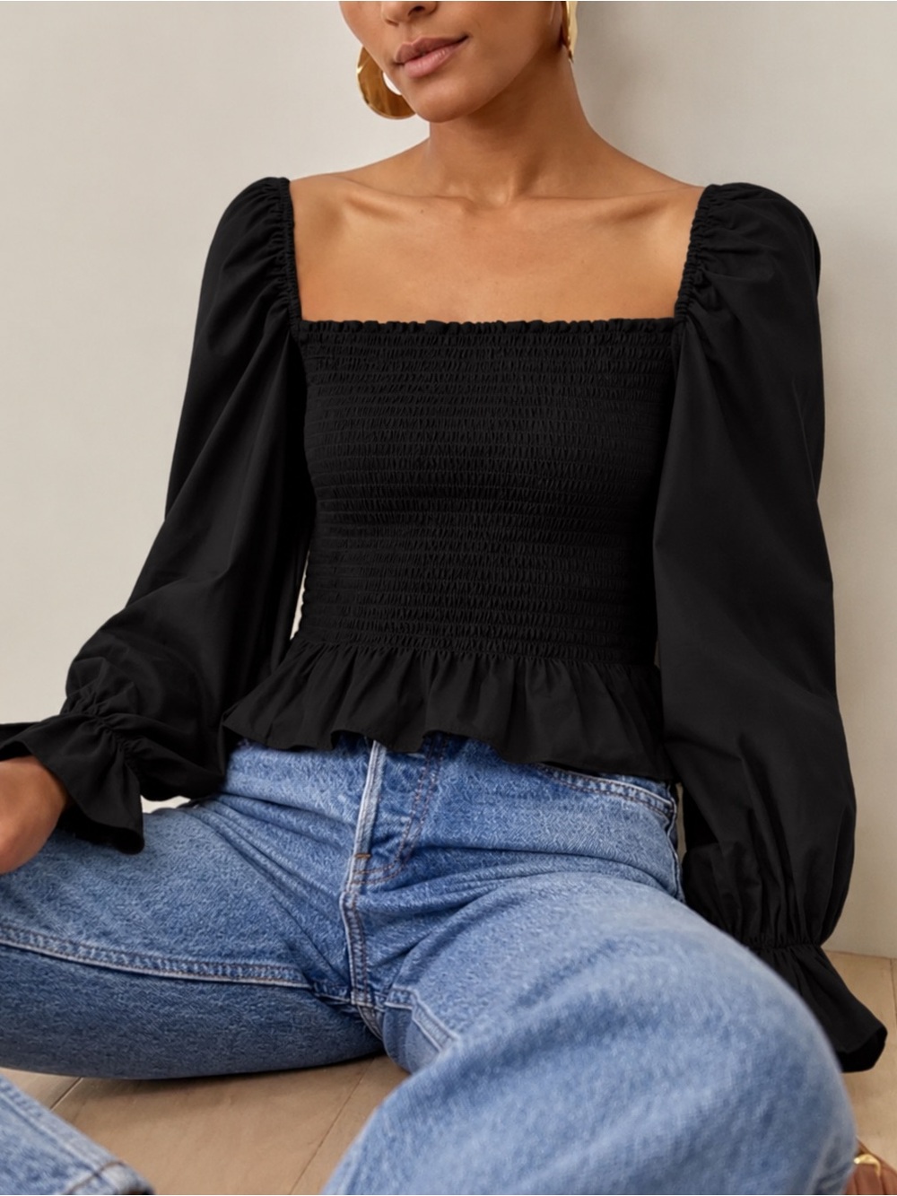 Reformation Womens Linen Smocked Puff Sleeve Blouse Top Size M Black Minimalist